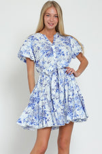 Short Bubble Sleeve Waist Tie Floral Print Mini Dress Blue