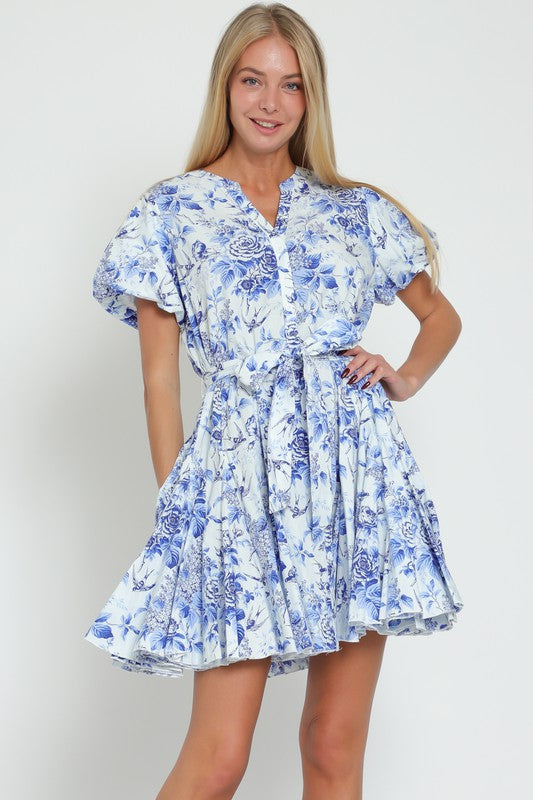 Short Bubble Sleeve Waist Tie Floral Print Mini Dress Blue