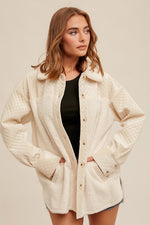 Long Sleeve Button Down Quilted Sherpa Shacket Cream