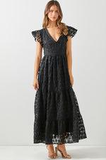 Short Sleeve Floral Print Lace Maxi Dress Black