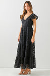 Short Sleeve Floral Print Lace Maxi Dress Black