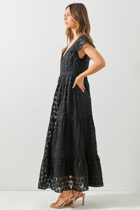 Short Sleeve Floral Print Lace Maxi Dress Black