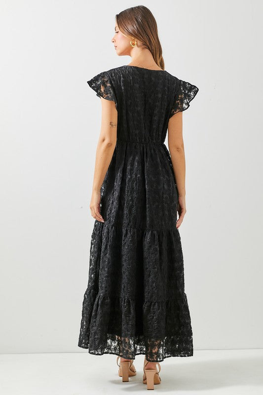 Short Sleeve Floral Print Lace Maxi Dress Black