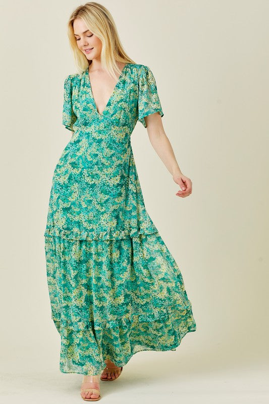 Short Sleeve Floral Print Maxi Dress Green