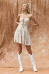  Sleeveless Cut Out Stripe Print Linen Mini Dress Taupe