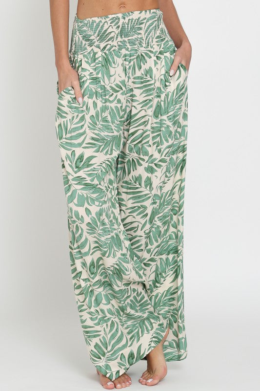 Tropical Print Wide Leg Pants Ivory