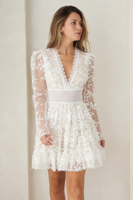 Long Sleeve Lace Crochet Mini Dress White