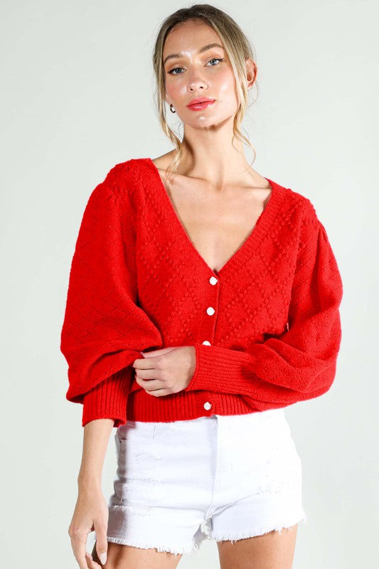 Cassidy Long Balloon Sleeve Textured Cropped Cardigan Red