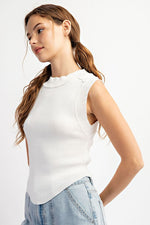  Sleeveless Rounded Ribbed Top White