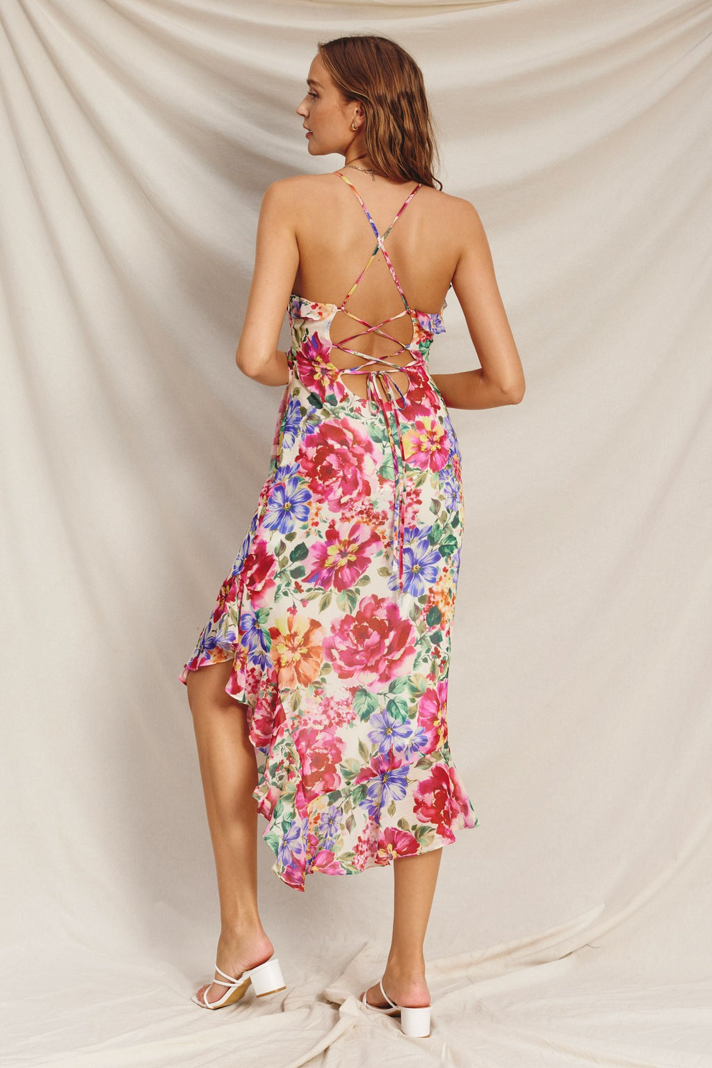 Tesha Sleeveless Floral Print Ruffle Midi Dress Pink