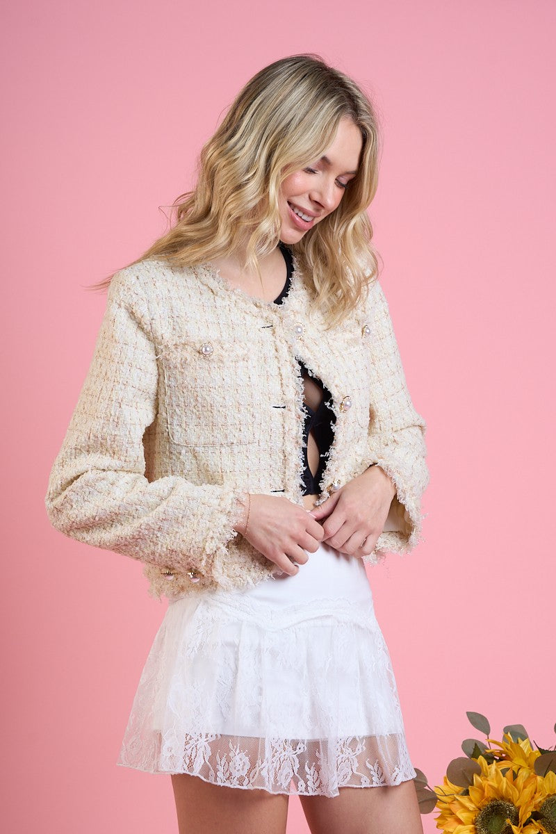 Elizabeth Long Sleeve Cropped Tweed Jacket Cream