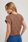 Short Sleeve Crochet Cropped Sweater Top Brown