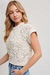 Short Sleeve Crochet Cropped Sweater Top Natural