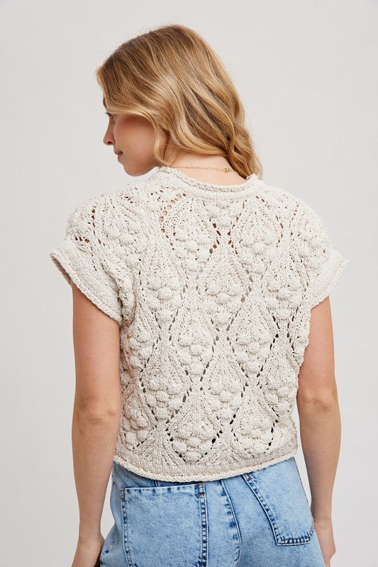 Short Sleeve Crochet Cropped Sweater Top Natural