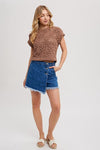 Short Sleeve Crochet Cropped Sweater Top Brown