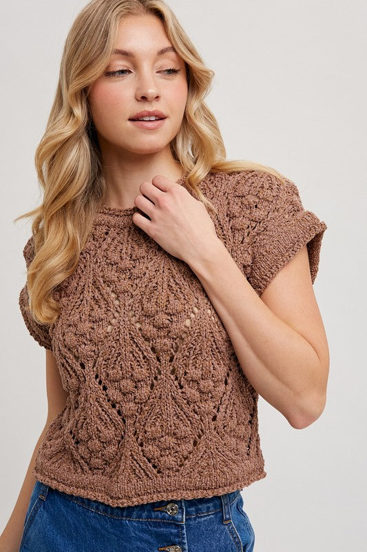 Short Sleeve Crochet Cropped Sweater Top Brown