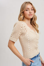 Short Sleeve Button Down Crochet Top Ivory