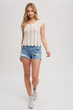 Short Sleeve Crochet Scalloped Top Ivory