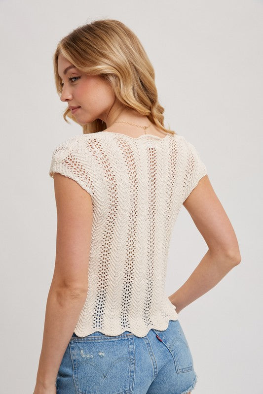  Short Sleeve Crochet Scalloped Top Ivory