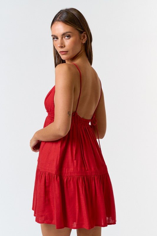  Sleeveless Shoulder Tie Linen Mini Dress Red