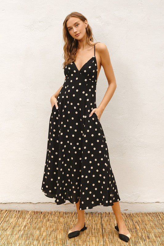 Sleeveless Back Tie Polka Dot Print Maxi Dress Black