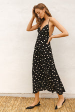 Sleeveless Back Tie Polka Dot Print Maxi Dress Black