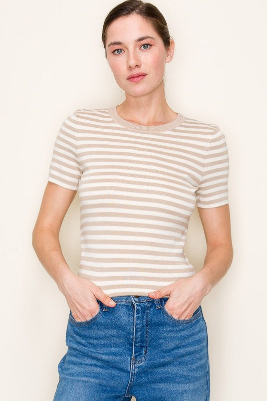 Short Sleeve Stripe Print Sweater Top Taupe