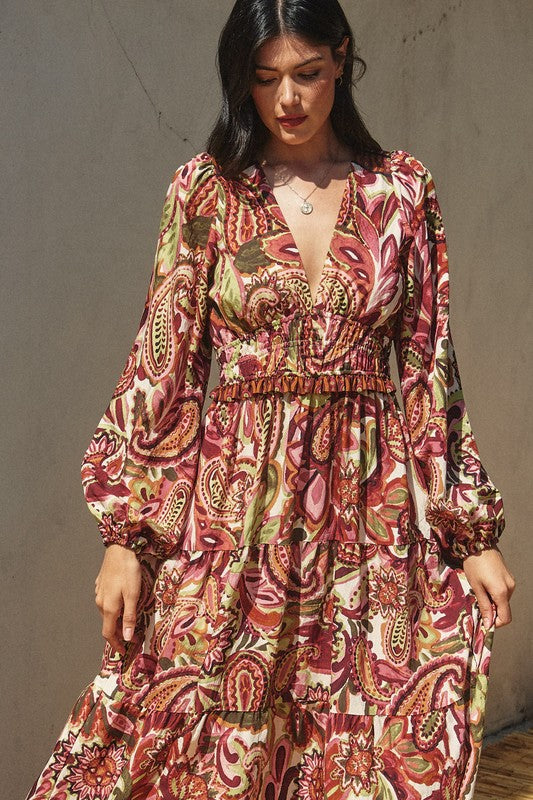 Long Sleeve Paisley Print Tiered Maxi Dress Rust