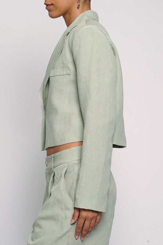 Long Sleeve Notched Lapel Linen Crop Blazer Sage