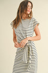  Short Sleeve Knot Stripe Print Midi Dress White