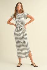  Short Sleeve Knot Stripe Print Midi Dress White