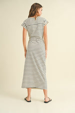  Short Sleeve Knot Stripe Print Midi Dress White