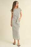  Short Sleeve Knot Stripe Print Midi Dress White