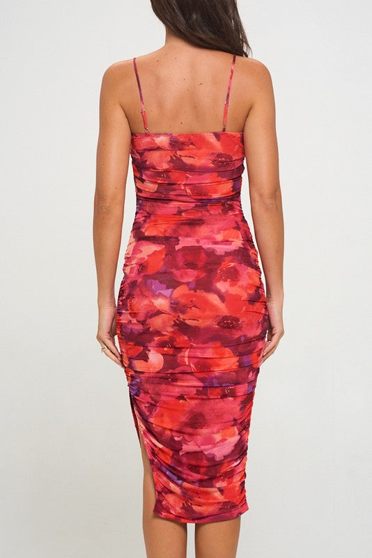 Sleeveless Ruched Floral Print Mesh Midi Dress Red