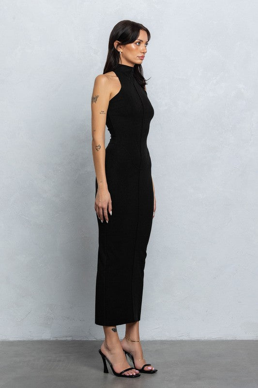 Sleeveless Mock Neck Jersey Maxi Dress Black