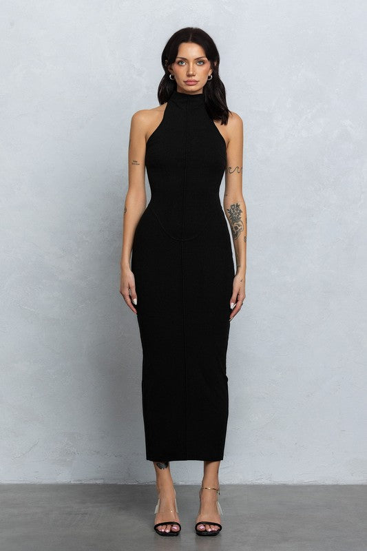 Sleeveless Mock Neck Jersey Maxi Dress Black