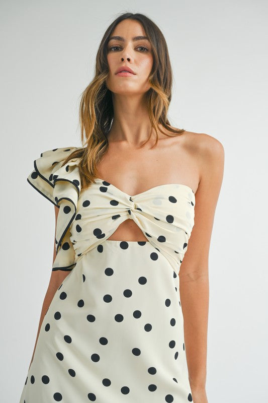 One Shoulder Polka Dot Print Maxi Dress Cream
