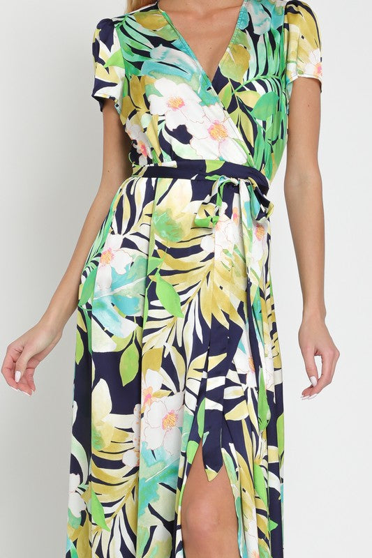  Short Sleeve Tropical Print Wrap Maxi Dress Navy