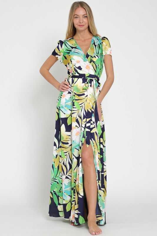  Short Sleeve Tropical Print Wrap Maxi Dress Navy