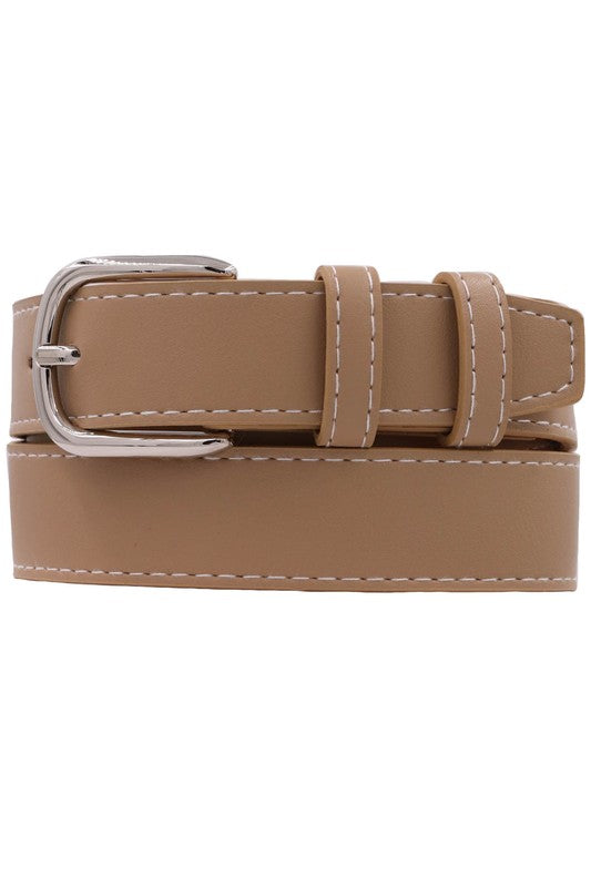 Contrast Stitched Rectangle Buckle Belt Beige