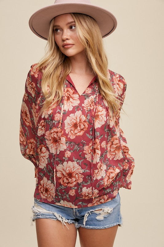 Long Sleeve Floral Print Top Magenta