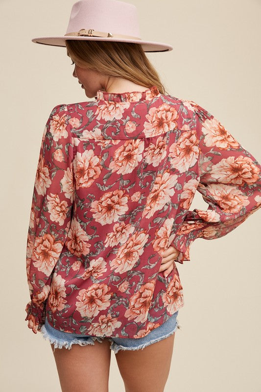 Long Sleeve Floral Print Top Magenta