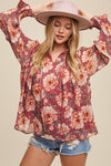 Long Sleeve Floral Print Top Magenta