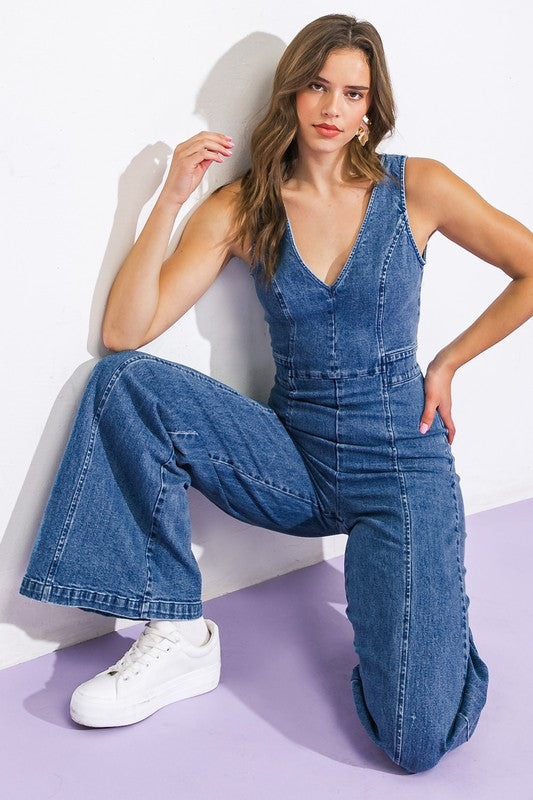 Sleeveless Open Back Wide Leg Denim Jumpsuit Medium Wash