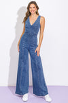 Sleeveless Open Back Wide Leg Denim Jumpsuit Medium Wash