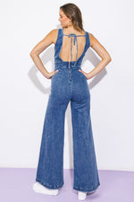 Sleeveless Open Back Wide Leg Denim Jumpsuit Medium Wash