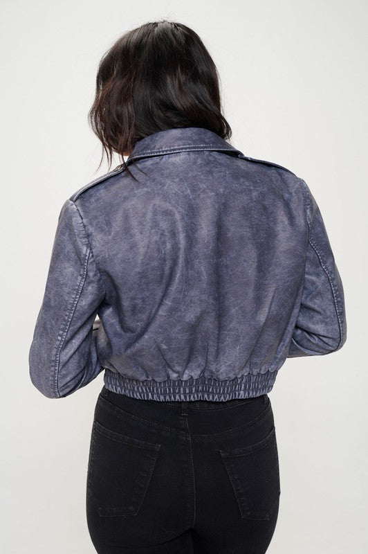  Vegan Leather Cropped Bomber Jacket Navy