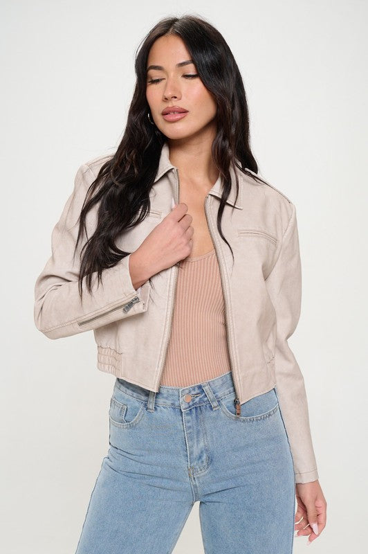 Vegan Leather Cropped Bomber Jacket Cream