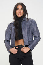  Vegan Leather Cropped Bomber Jacket Navy