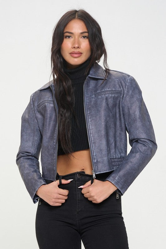  Vegan Leather Cropped Bomber Jacket Navy